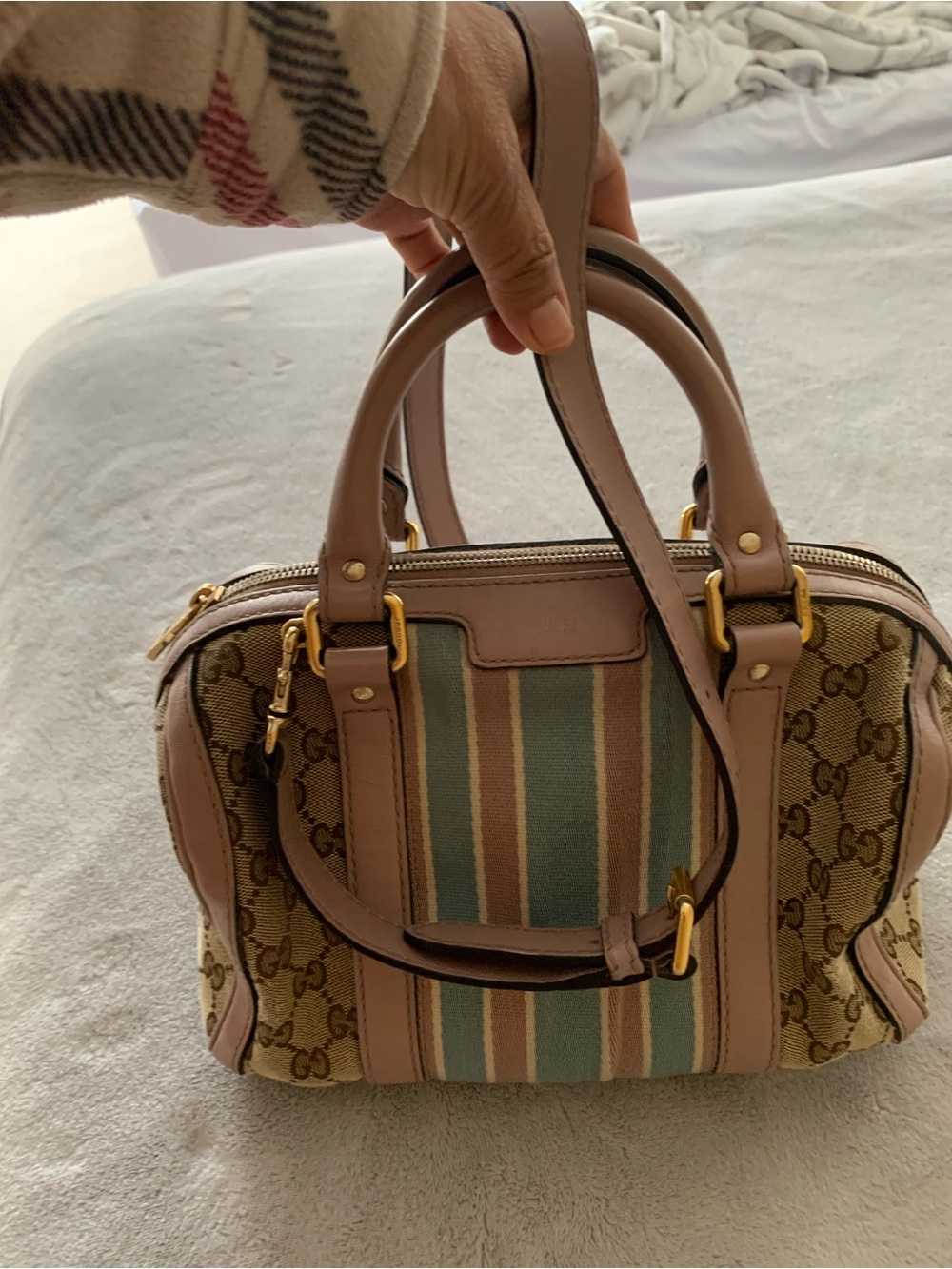 Gucci Pink Trim GG Canvas Satchel with Blue and Cream Stripes - Picture 6 of 6